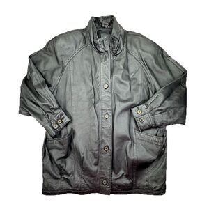 Vintage LEATHER COAT BLACK RAGLAN SLEEVES Women’s Size Large Jacqueline Ferrar